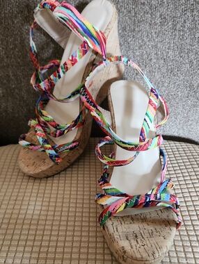 Multi-Color Strappy Cork Wedge Sandals for Women Size 39